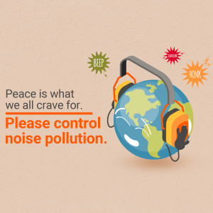 Illustration of the Earth wearing headphones with sound effects around it, promoting noise control.