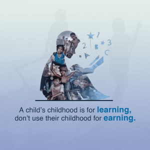 Illustration depicting children emerging from a figure representing labor, with educational symbols.