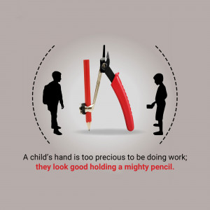 Illustration depicting child labor with a pencil and pliers, and a message about protecting children's hands.