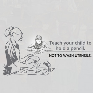Illustration of a mother teaching her child to write while household chores are neglected.