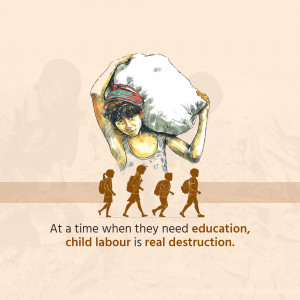 Illustration depicting a child carrying a heavy load with silhouettes of children walking towards education.