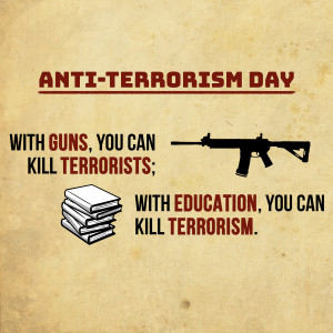 Image depicting the contrast between using guns to kill terrorists and using education to kill terrorism.