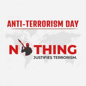 Anti-Terrorism Day graphic with a world map and a silhouette of a person with a weapon in crosshairs.