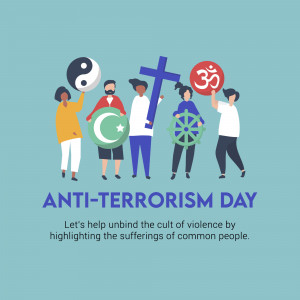Illustration depicting people of different faiths holding symbols of their religions, promoting anti-terrorism and peace.