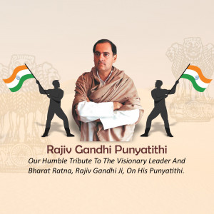 Image commemorating Rajiv Gandhi's Punyatithi with Indian flags and silhouette figures.