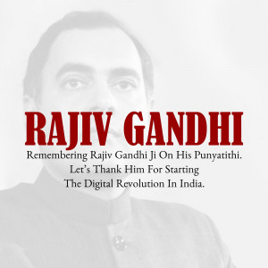 Black and white portrait of Rajiv Gandhi with text commemorating his Punyathithi