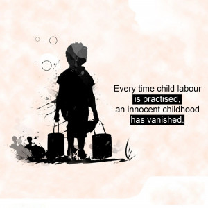Silhouette of a child carrying heavy bags with a message against child labour.