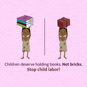 Illustration depicting a child carrying books and another carrying bricks, highlighting the importance of education.