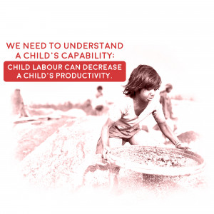 A young child working in a quarry, representing the impact of child labor on a child's potential.