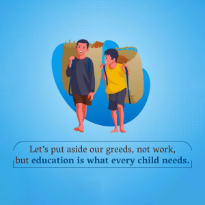 Illustration of two boys carrying large sacks, representing the importance of education over material possessions.