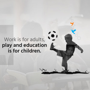 A black and white image depicting a child playing soccer with text overlayed.