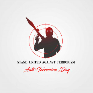 Silhouette of a person with a weapon inside a target, with text 'Stand United Against Terrorism' and 'Anti-Terrorism Day'.
