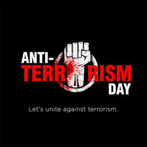Raised fist with blood splatter inside a circle with the text 'Anti-Terrorism Day'