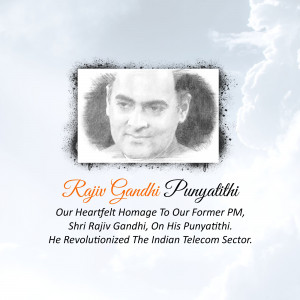 Black and white portrait of Rajiv Gandhi with text commemorating his Punyathithi