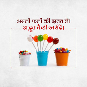 Colorful lollipops and candies in buckets with Hindi text