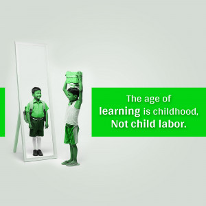 A boy looking at his reflection in a mirror, contrasting his current state with a future of education.