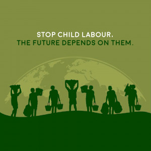 Silhouette of children carrying heavy loads with a globe in the background, advocating against child labour.