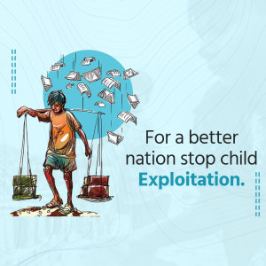 Illustration of a young boy carrying heavy loads with papers flying around him, promoting the end of child exploitation.