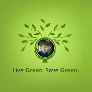 A green sprout encompassing the Earth, with the text 'Live Green. Save Green.'