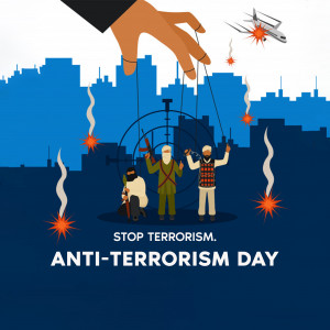 Illustration depicting a hand controlling figures representing terrorists with a city skyline in the background and planes being shot down.