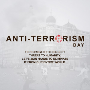 Anti-Terrorism Day poster with a building in the background and a target symbol.