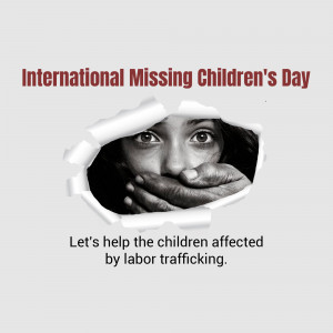 Image depicting a child looking through a torn paper background with text about International Missing Children's Day and child trafficking.