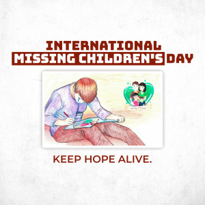 Illustration for International Missing Children's Day with a person drawing and a family portrait.