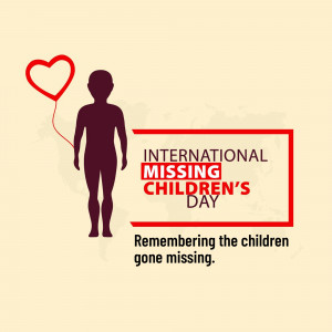 Silhouette of a child with a red heart balloon and text commemorating International Missing Children's Day.