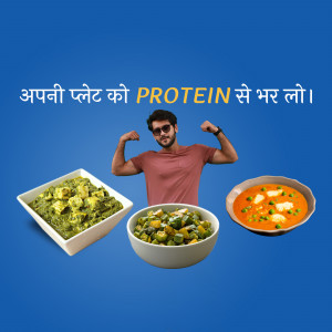 A man showcasing protein-rich Indian dishes like Palak Paneer, Mixed Vegetable Curry, and Dal Makhani.