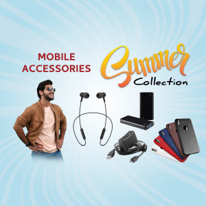 Summer collection of mobile accessories including headphones, power banks, and phone cases with a stylish model.
