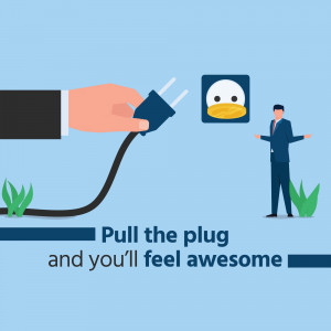 Illustration of a hand pulling a plug with a penguin looking on and a man in a suit.