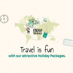 World map with travel icons and text promoting holiday packages.