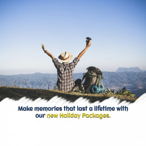 Backpacker celebrating on a mountaintop with scenic view and holiday package promotion.