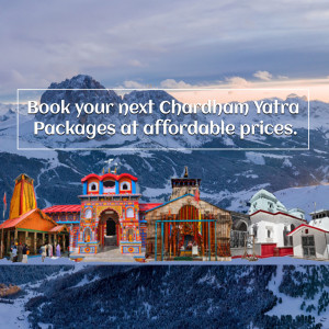Image promoting Chardham Yatra packages with temple views.