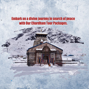 Kedarnath Temple in the Himalayas with snow-covered mountains, promoting Chardham tour packages.