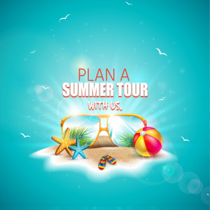 Summer vacation advertisement with sunglasses, beach ball, and starfish