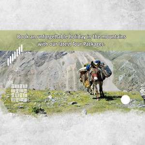 Donkeys carrying supplies through a mountainous landscape, promoting holiday tour packages.