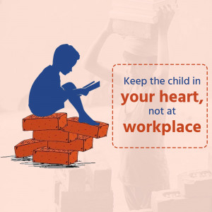 Silhouette of a child reading on bricks with a message about child labor.