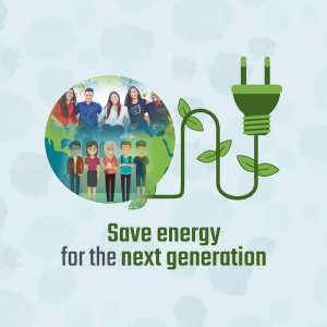 Illustration depicting energy conservation and a sustainable future with children and a plug with leaves.