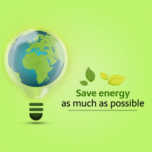 A lightbulb shaped like the Earth with leaves and the text 'Save energy as much as possible'.