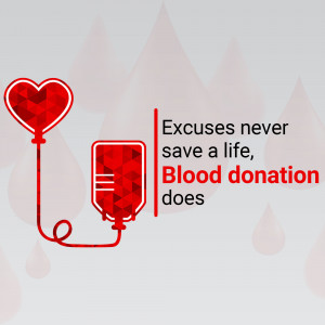 Image promoting blood donation with a heart-shaped balloon and blood bag.