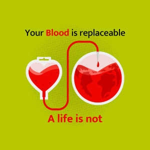 Illustration of a blood bag connected to the Earth with a drop of blood falling, promoting blood donation.