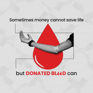 Image depicting an arm with a blood donation band and a red blood drop, with text emphasizing the life-saving power of donated blood.