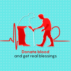 Illustration of a person helping an elderly person with a heartbeat line and text 'Donate blood and get real blessings'