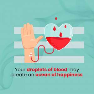 Illustration of a hand donating blood into a heart-shaped container.