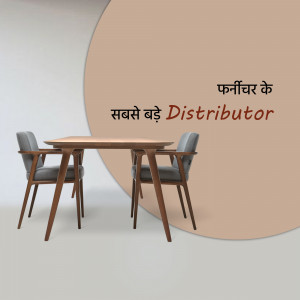 A modern dining table with two chairs against a peach background with text in Hindi.