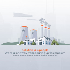 Illustration of industrial factories emitting smoke, representing pollution and its impact on people.