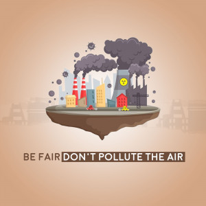 Illustration of a city with factories emitting pollution, floating on an island with a message about air quality.