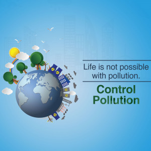 Illustration of Earth half covered in pollution, with a message about controlling pollution.