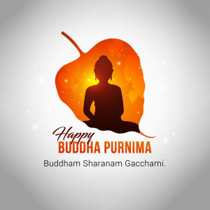 Silhouette of Buddha meditating inside a Bodhi leaf with text 'Happy Buddha Purnima'